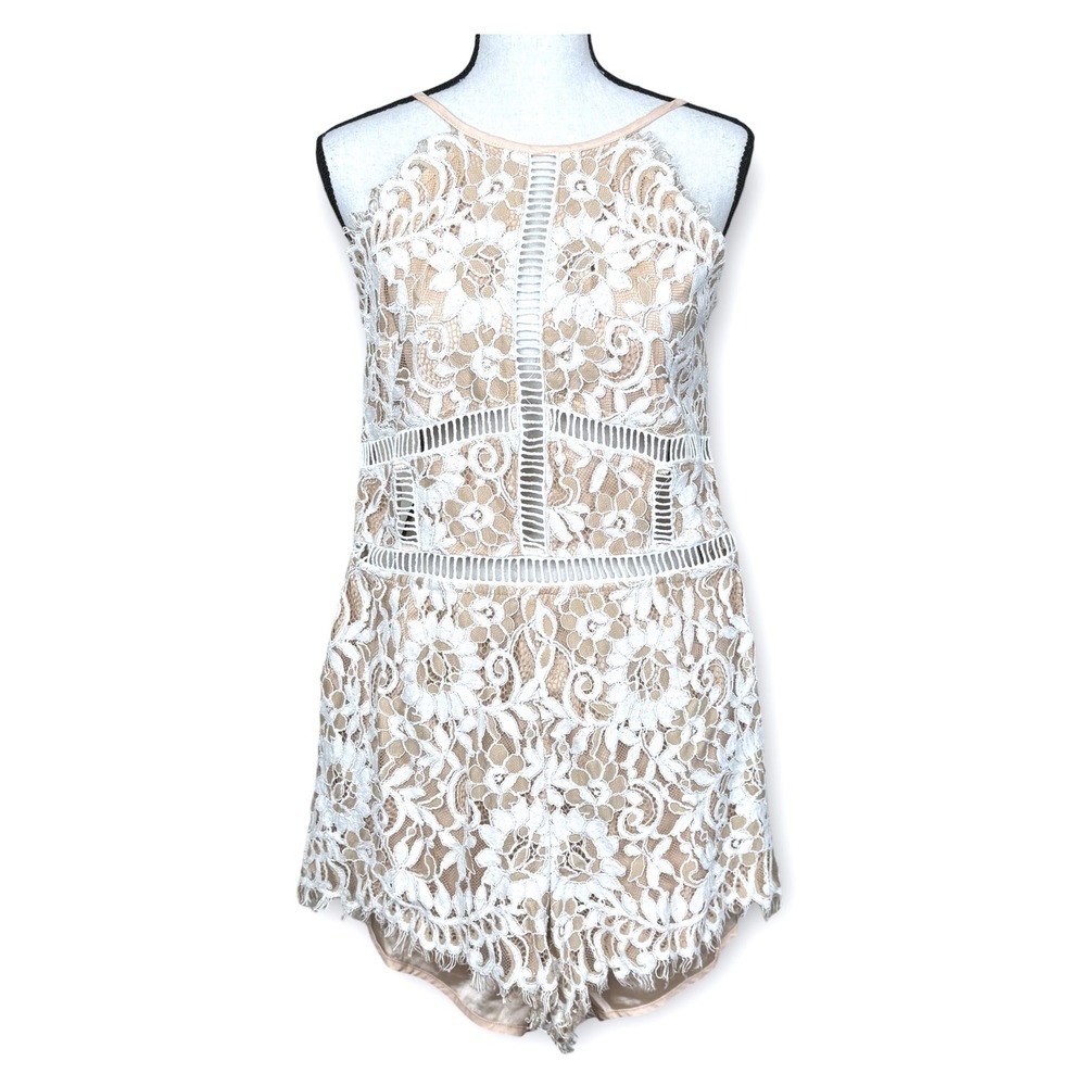 Revolve NBD Alijah‎ romper cream lace scalloped edges mini ladder cut-out XL